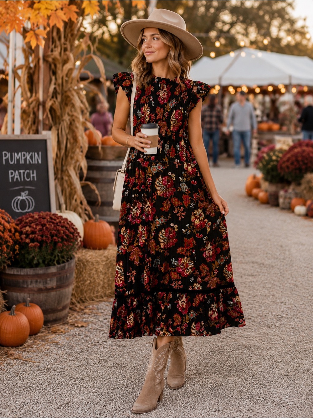 Sea NY Pascale Floral Ruffle Sleeve Midi Dress - Black Multi size 6